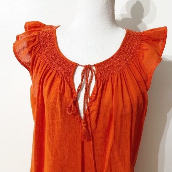 J CREW CORAL RUFFLE EMBROIDERED SMOCKED KEYHOLE TIE-NECK TASSEL SHIFT  DRESS - S - Picture 4 of 7